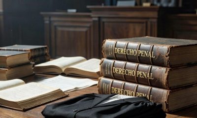 Mesa de un tribunal con códigos de derecho penal y una toga