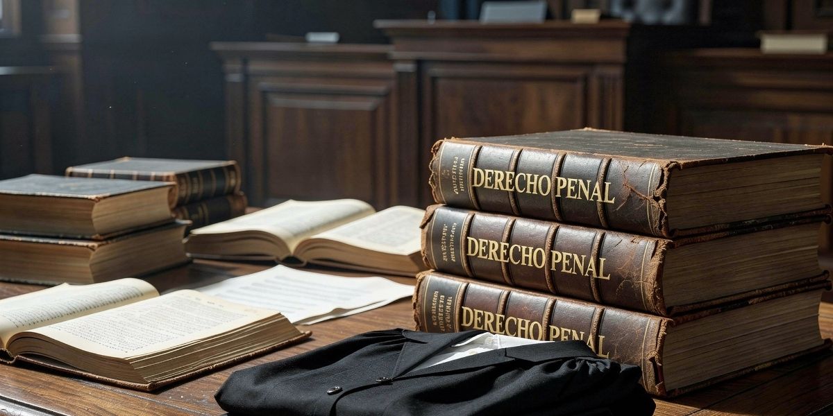 Mesa de un tribunal con códigos de derecho penal y una toga