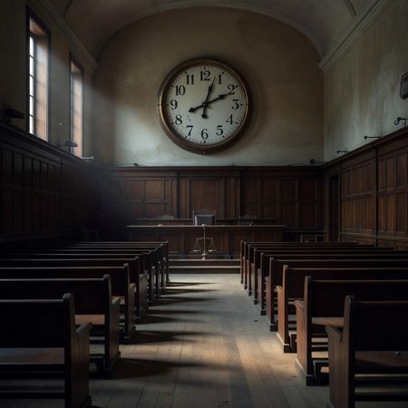 Sala de juicio vacía y un reloj al fondo