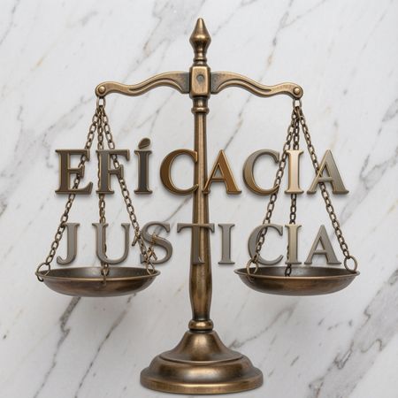 Una balanza y la s palabras "Eficacia Justicia" al fondo