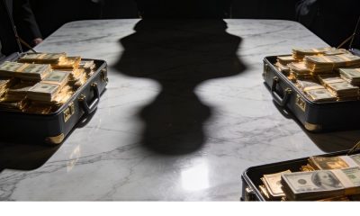 Sombra de una persona y maletines con dinero encima de la mesa