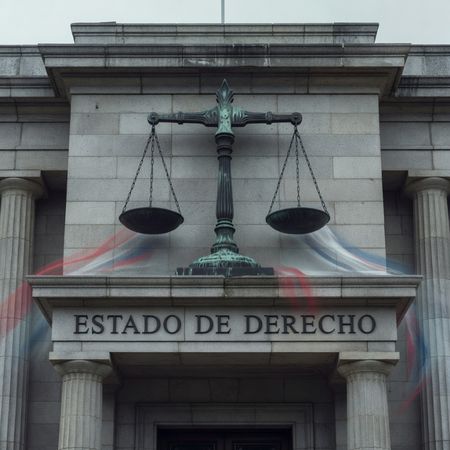 Vista de una tribunal desde el exterior con la frase "Estado de derecho"