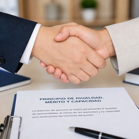 Dos manos estrechándose y un documento con la frase "igualdad, mérito y capacidad"