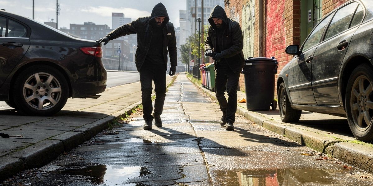 Dos hombres encapuchados en la calle