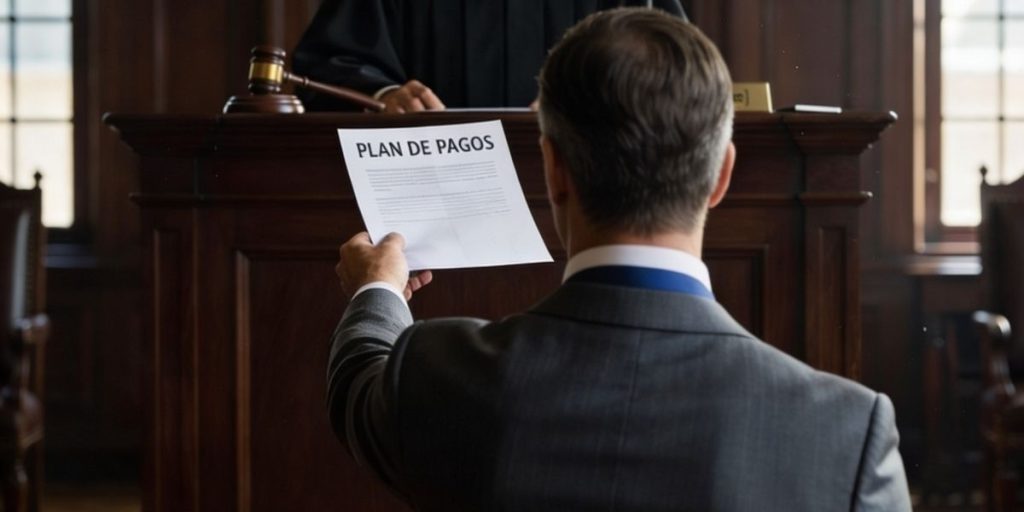 Persona ante un Juez entregando un plan de pagos