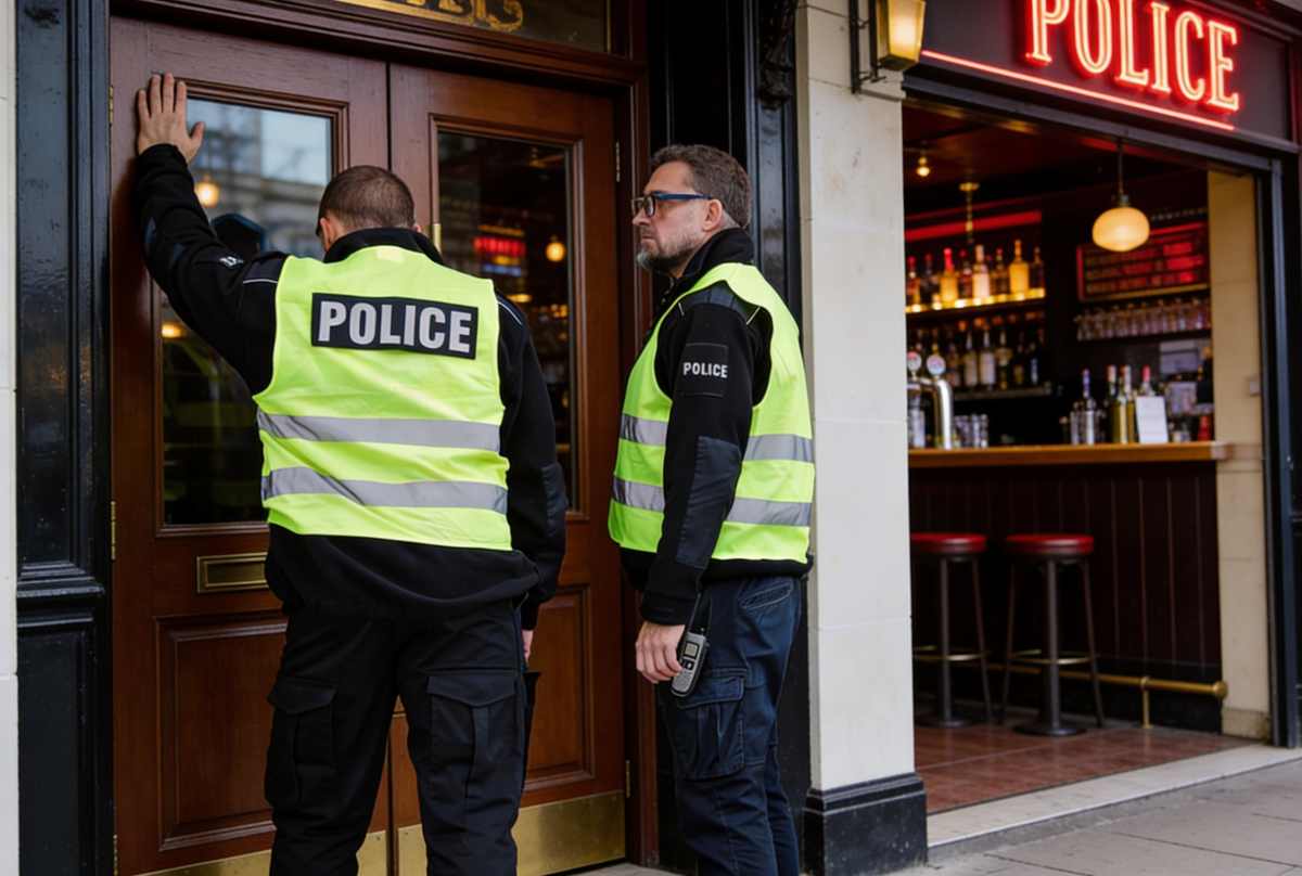 Policía en la puerta de un bar