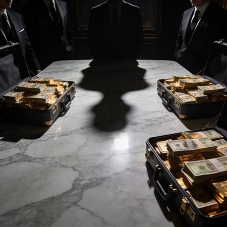 Sompra de una persona y maletas con billetes encima de una mesa