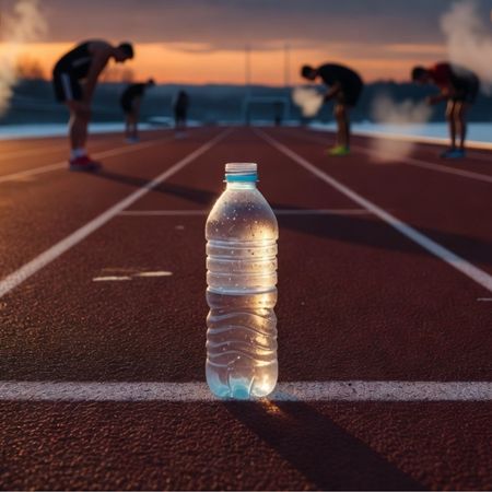 Una botella de agua y deportistas de fondo