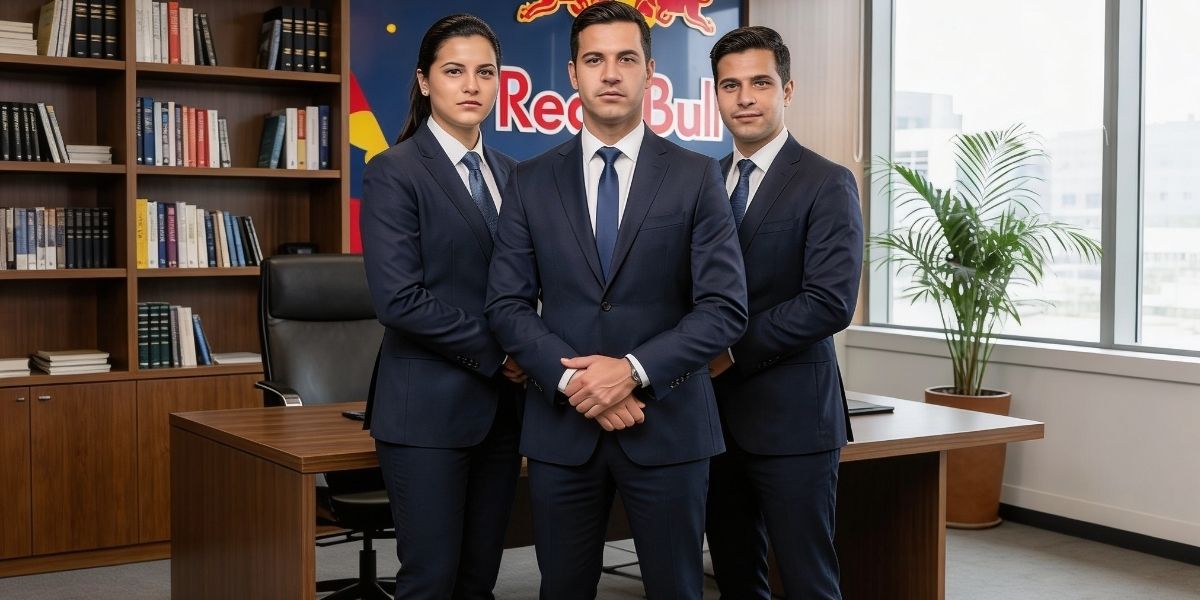 Tres abogados y detrás imagen corporativa de Red Bull