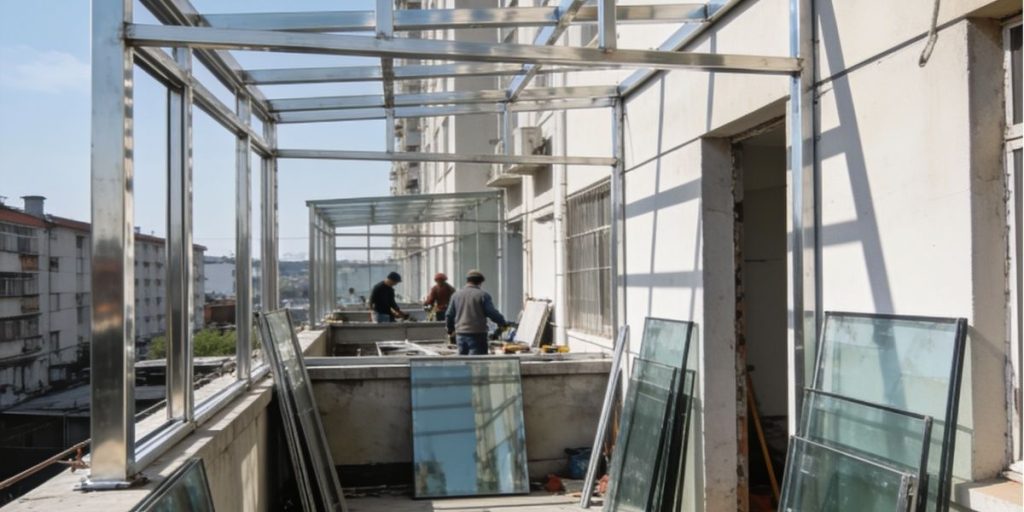Obreros desmontando una estructura en elementos de fachada