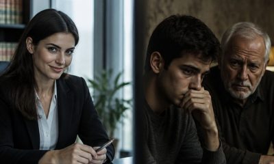 Foto de una abogada sonriente y otra de los clientes apesadumbrados