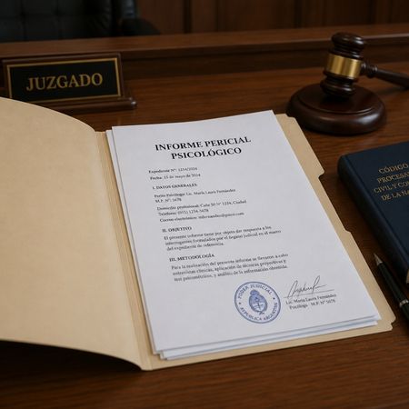 Expediente de informe pericial encima de mesa de Juzgado