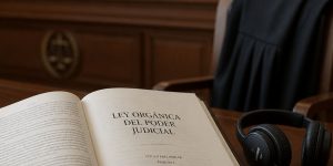 Encima de la mesa del Juez la LOPJ y unos auriculares para la traducción