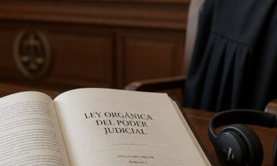 Encima de la mesa del Juez la LOPJ y unos auriculares para la traducción