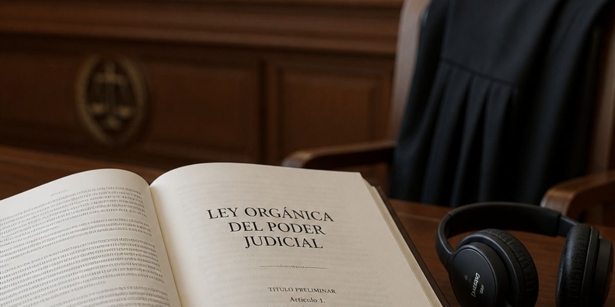 Encima de la mesa del Juez la LOPJ y unos auriculares para la traducción
