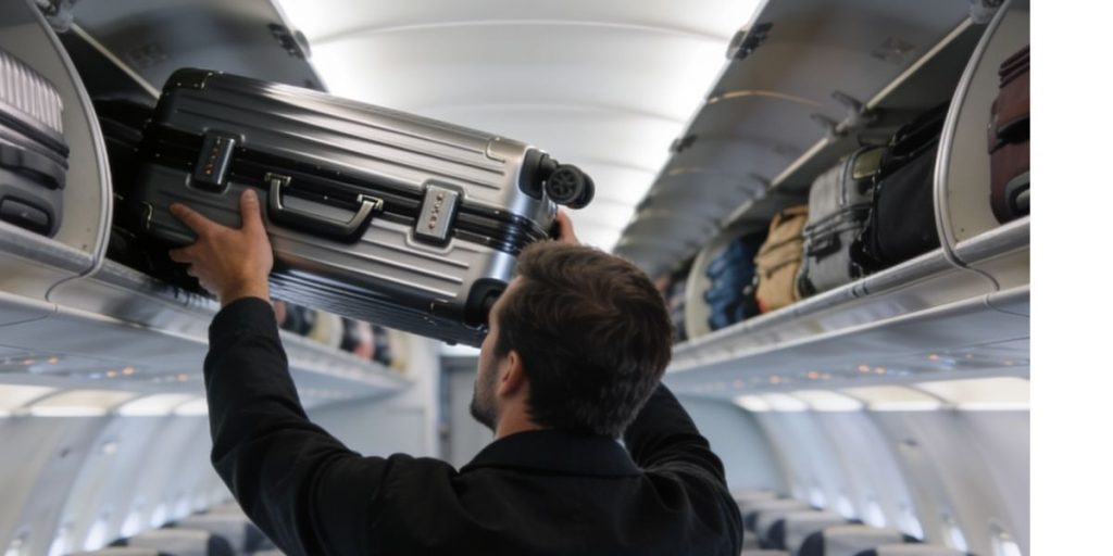 Un pasajero colocando su maleta de cabina en el compartimento superior