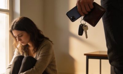 Mujer sentada en el suelo. El marido de pie con sus pertenencias
