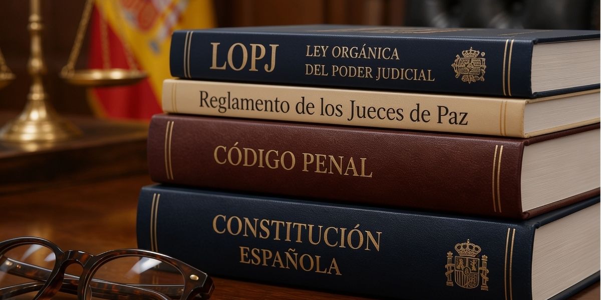 Código Penal, Constitución, LOPJ y Reglamento de los Jueces de Paz apilados en una mesa