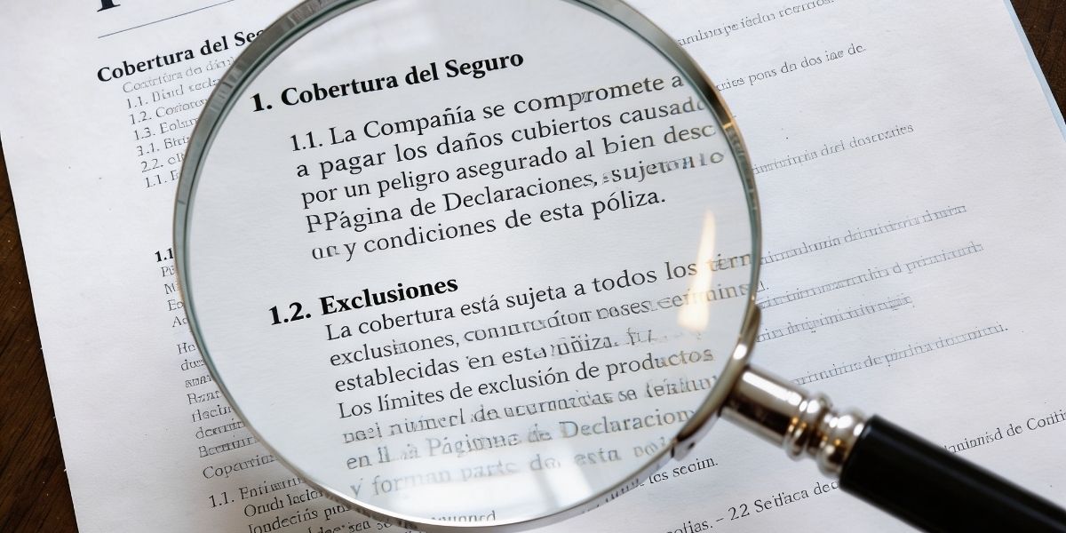 Póliza de seguro con una lupa sobre las condiciones generales y exclusiones