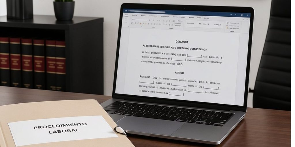 Ordenador con formulario de demanda y un expediente en la mesa denominado "Procedimiento laboral"