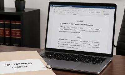 Ordenador con formulario de demanda y un expediente en la mesa denominado "Procedimiento laboral"