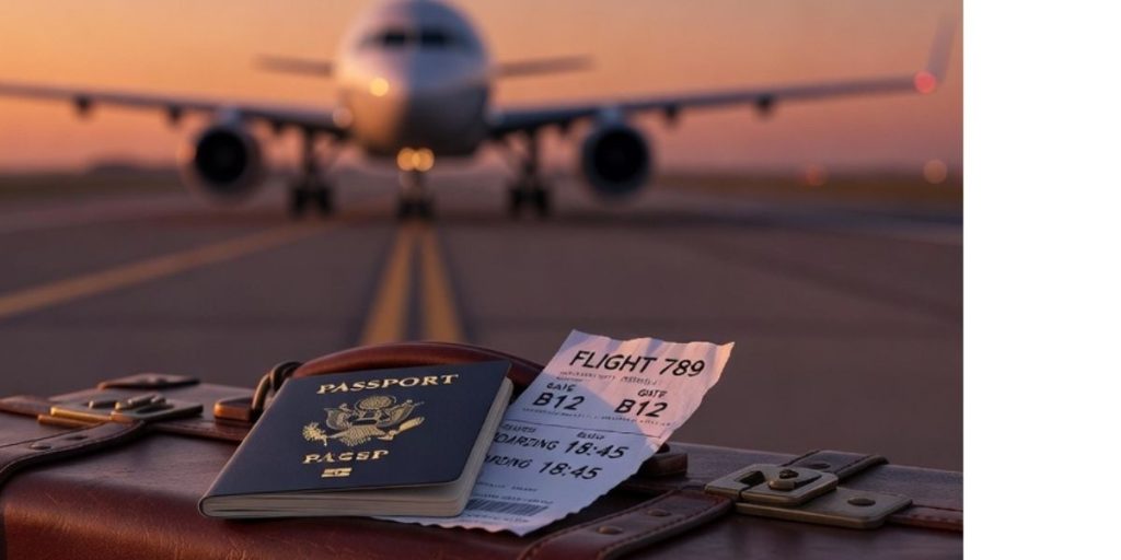 Maleta, billete y avión de fondo