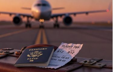 Maleta, billete y avión de fondo