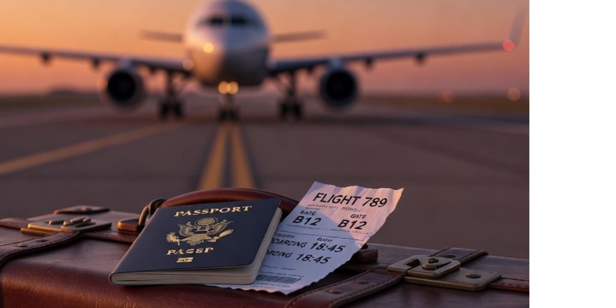 Maleta, billete y avión de fondo