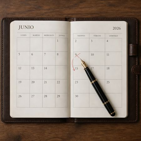 agenda junio 2026 con día 9 tachado y flecha al día 15