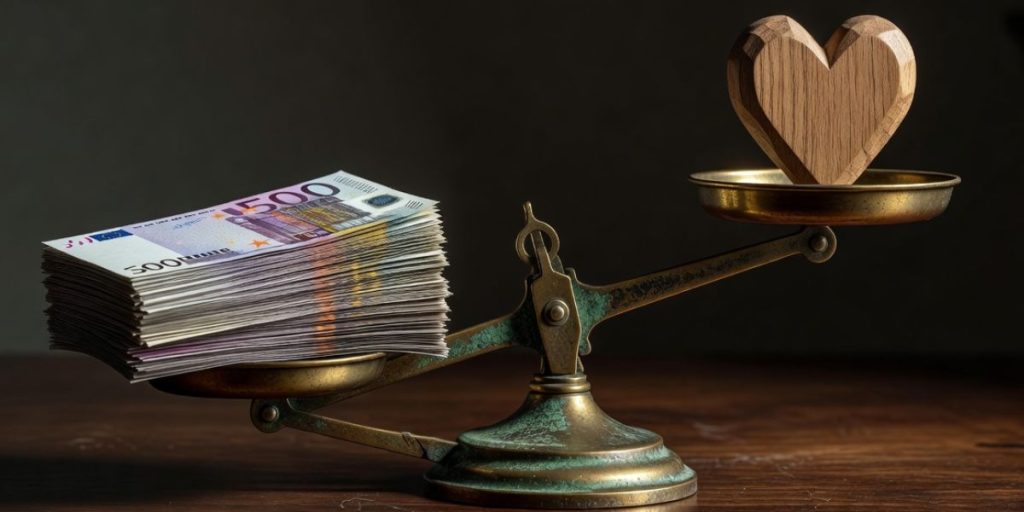 Balanza con dinero y corazón a cada lado