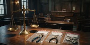 Balanza de justicia y pruebas del caso: alicates y alarmas