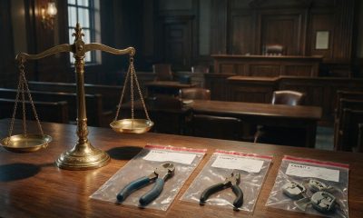Balanza de justicia y pruebas del caso: alicates y alarmas