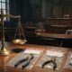 Balanza de justicia y pruebas del caso: alicates y alarmas