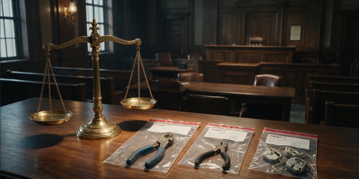 Balanza de justicia y pruebas del caso: alicates y alarmas