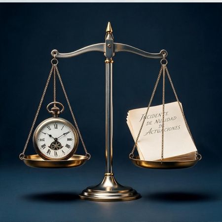 Balanza con reloj y escrito al juzgado
