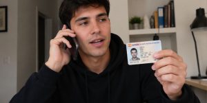 Un chico hablando por teléfono con el DNI de otra persona