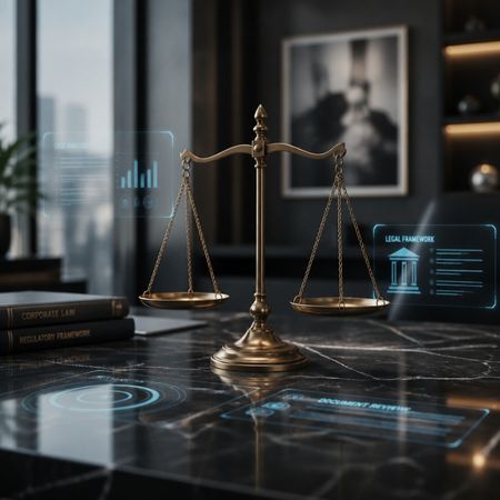Despacho con balanza de justicia e iconos de IA