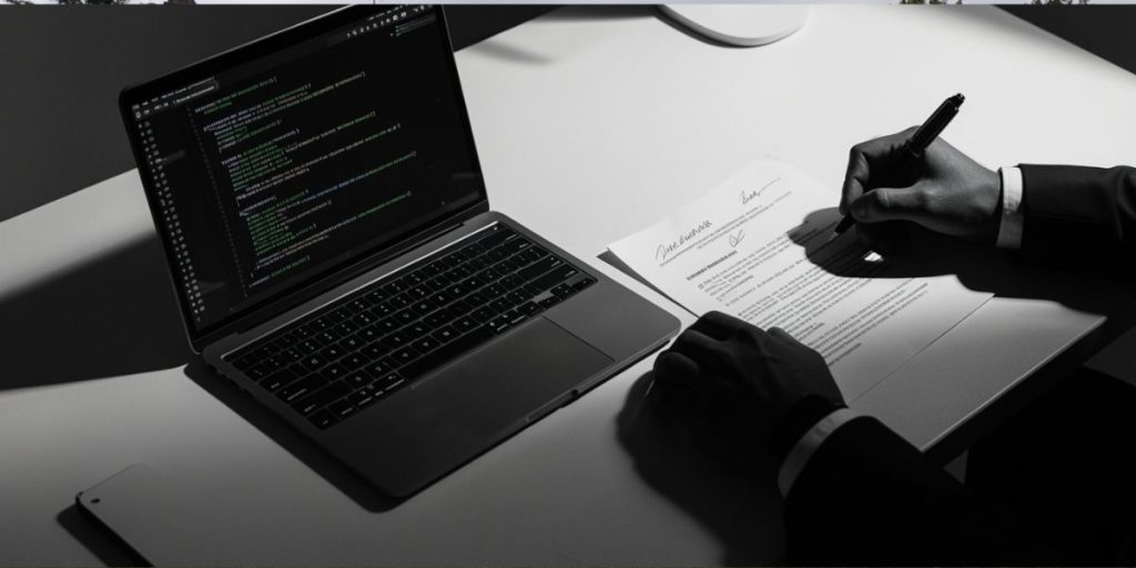 Persona con un ordenador y datos bancarios