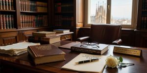 Escritorio de abogado con el nombre del fallecido