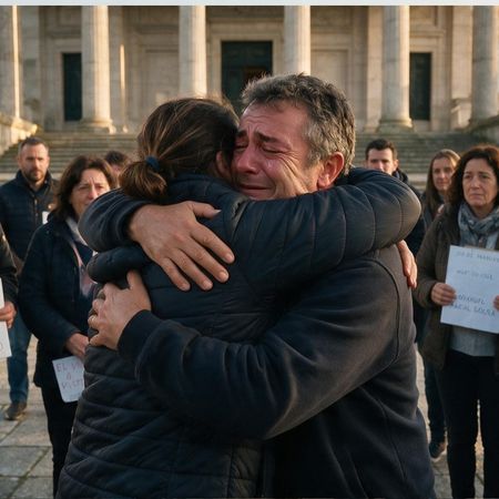 Dos personas abrazándose, llorando por la tragedia