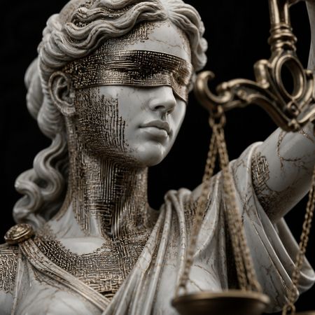Mujer con venda en los ojos (la justicia) y cubierta de chips