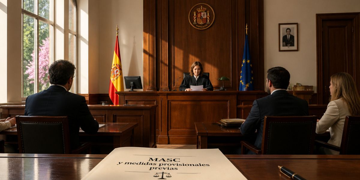 En una sala de juicio un documento titulado "MASC y medidas provisionales previas"