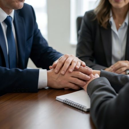Tres personas con las manos entrelazadas