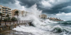 Una ola invadiendo un paseo marítimo