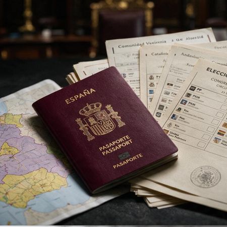 Pasaporte, mapa de España y papeletas de elecciones