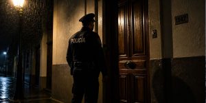 Policía enfrente de un domicilio