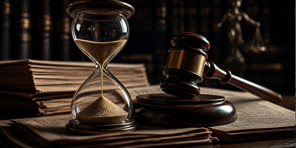 reloj de arena, documento jurídico y mazo de juez