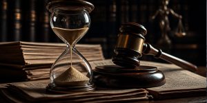 reloj de arena, documento jurídico y mazo de juez
