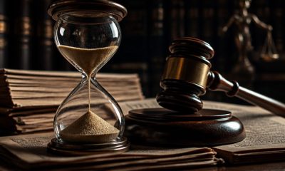 reloj de arena, documento jurídico y mazo de juez