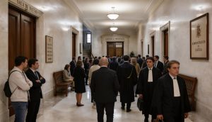 Entrada a las salas de juicio llena de personas